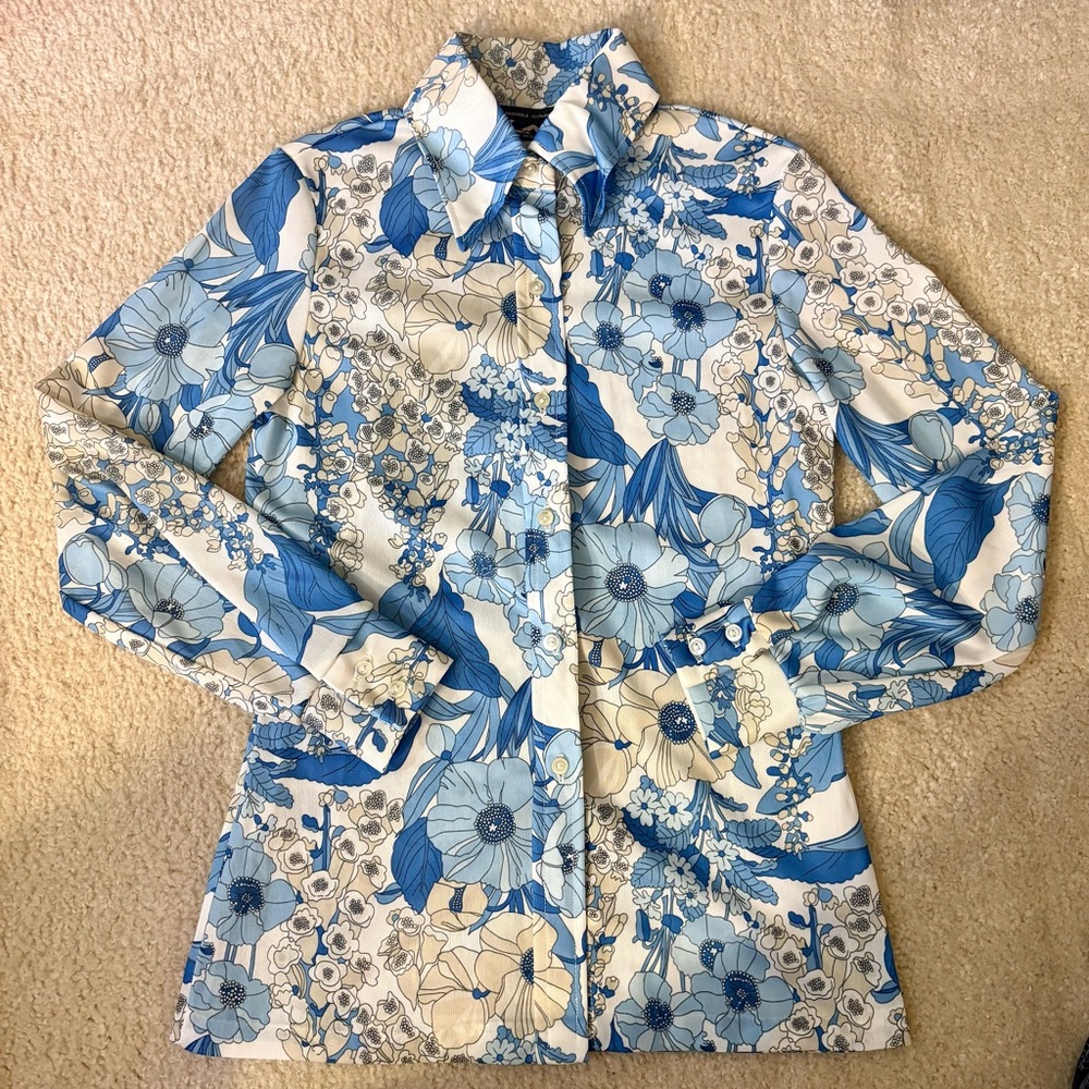 70s Blue Floral Button Down Shirt